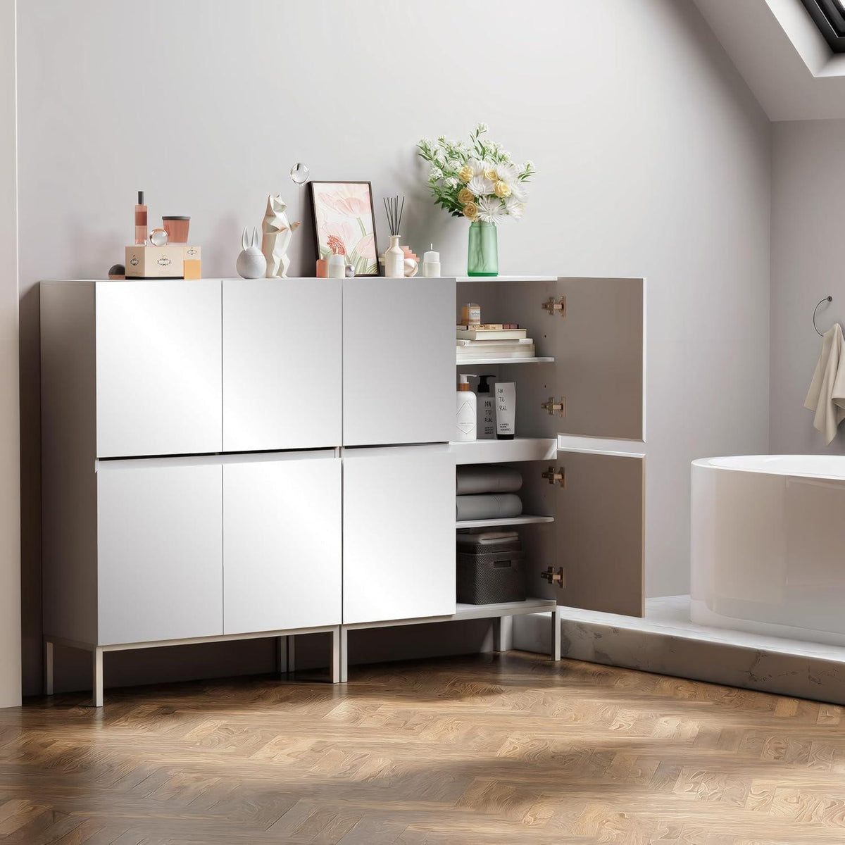 Spiegelschrank 4 Türen Weiß | 80x30,5x115,5 cm | Schubladenoption