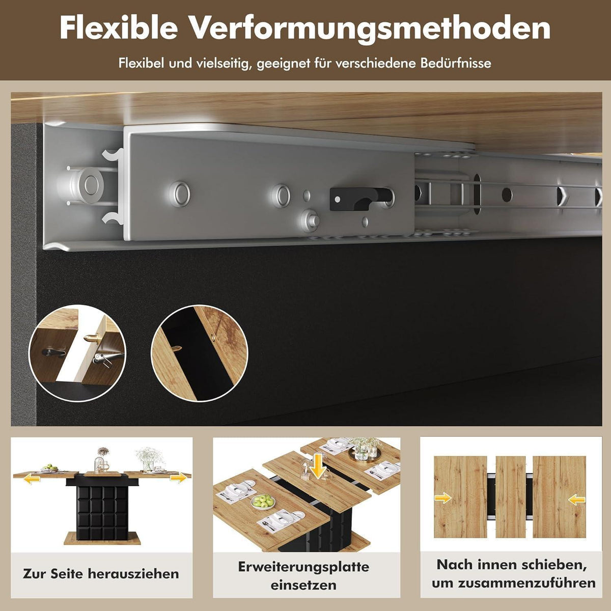 Ausziehbarer Esstisch Holz Schwarz 110-140x80 cm mit Ablage
