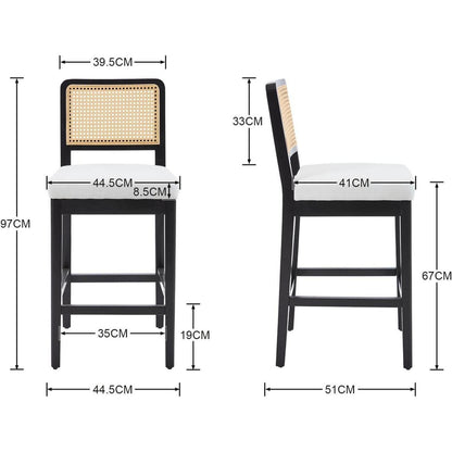 Barhocker 2er Set mit Rattan Rückenlehne, Beige