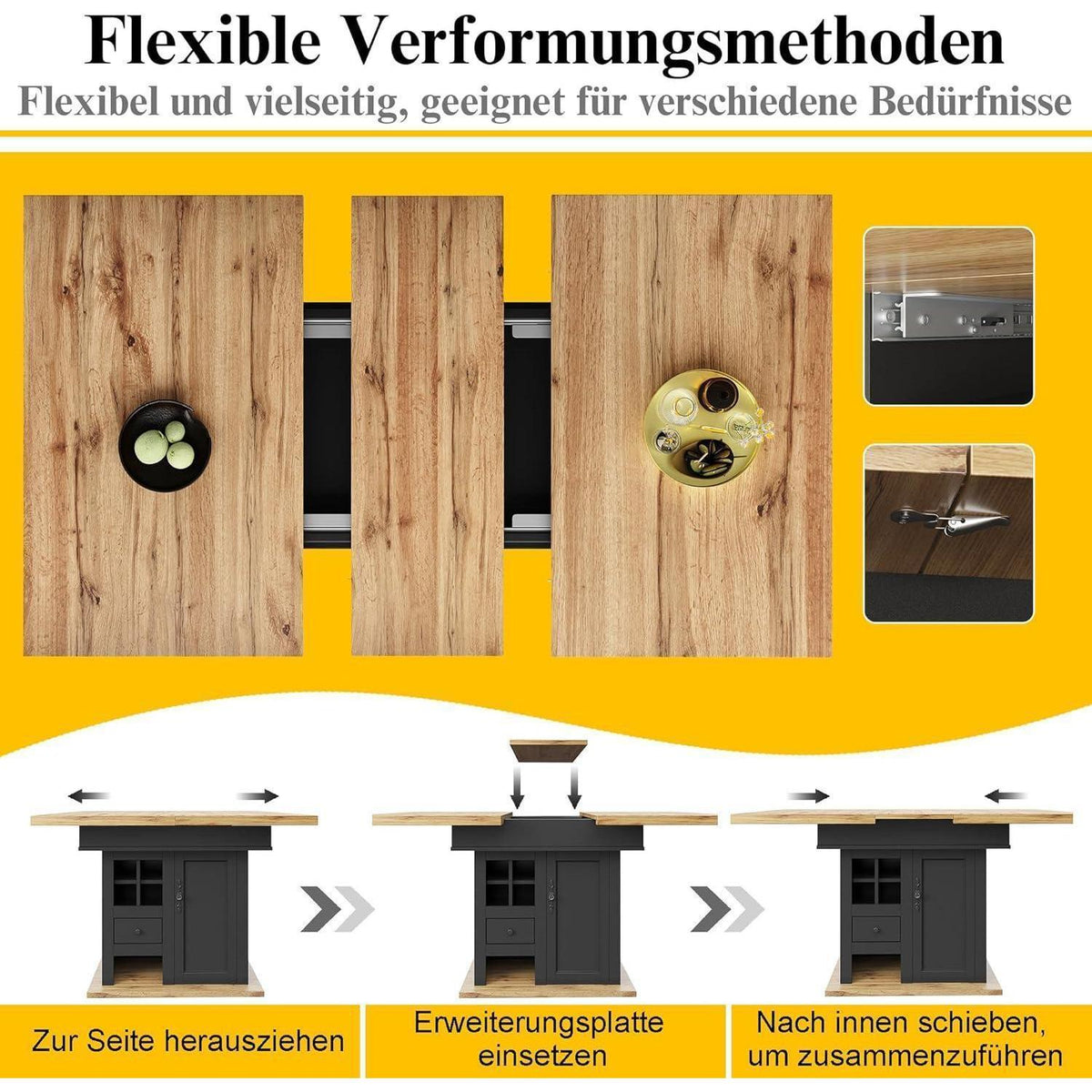 Ausziehbarer Esstisch Holz Schwarz mit Weinregal & Schubladen