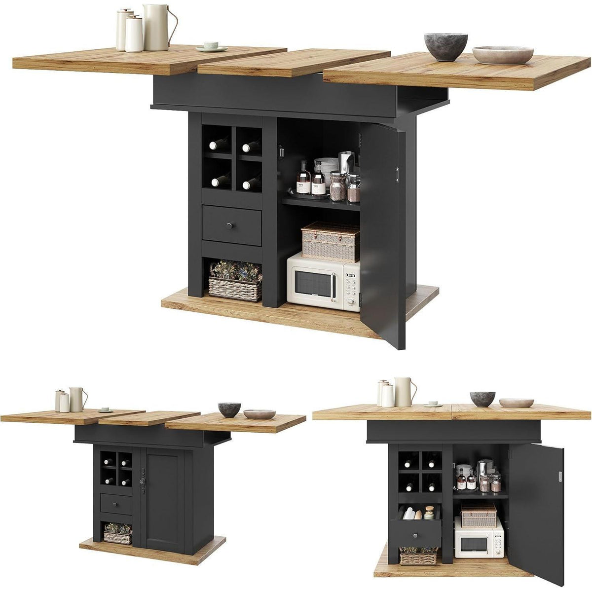 Ausziehbarer Esstisch Holz Schwarz mit Weinregal & Schubladen