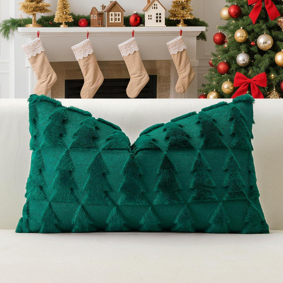 Weihnachts Kissenbezug 30x50cm - Plüsch Wolle, Grün mit Weihnachtsbaum