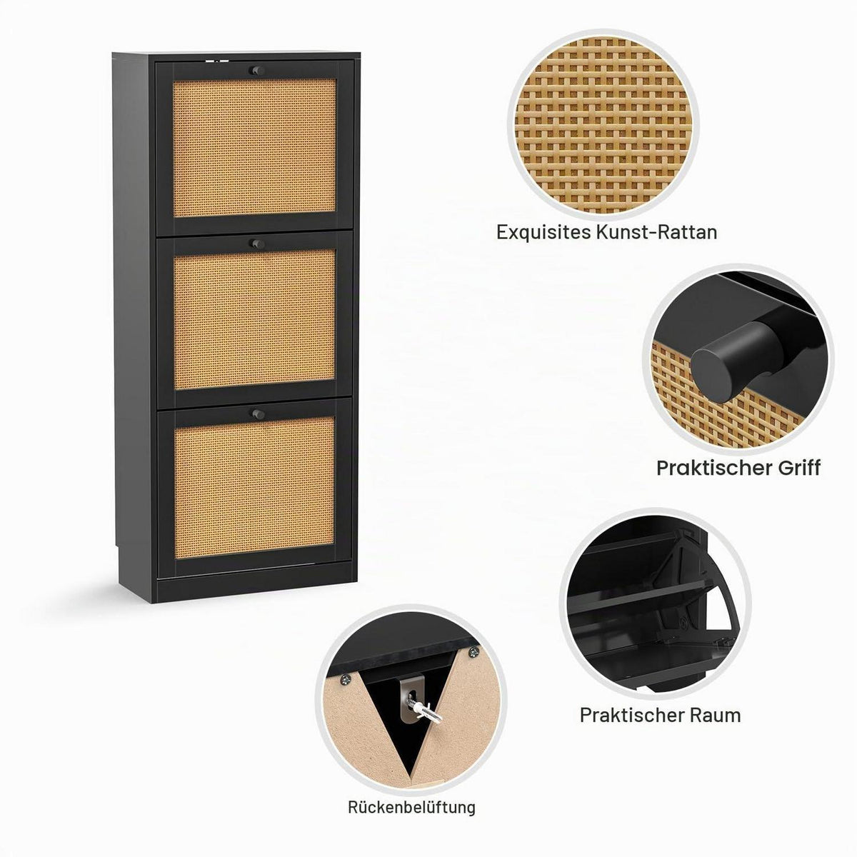 Schuhschrank mit 3 Schubladen – Platzsparender Schuhkipper Schwarz