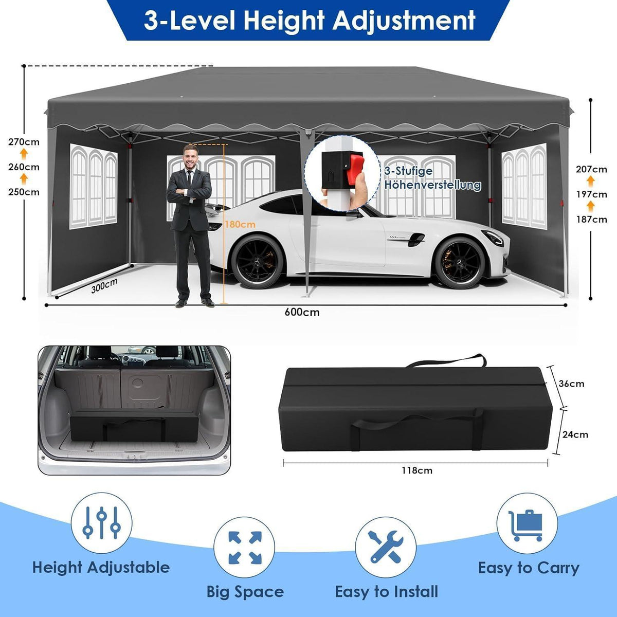 3x6m Pavillon Wasserdicht, Stabil & Mit 6 Seitenteilen