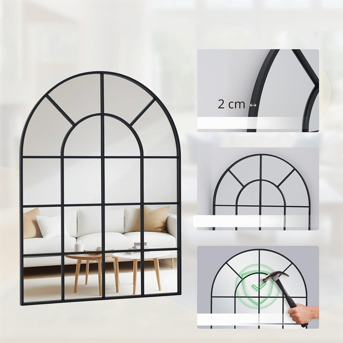 Gewölbter Wandspiegel Schwarz 90x60cm mit Aluminiumrahmen