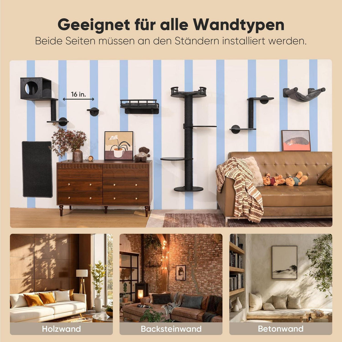 Katzenkletterwand 4in1 – Wandmöbel mit Hängematte & Kratzbaum