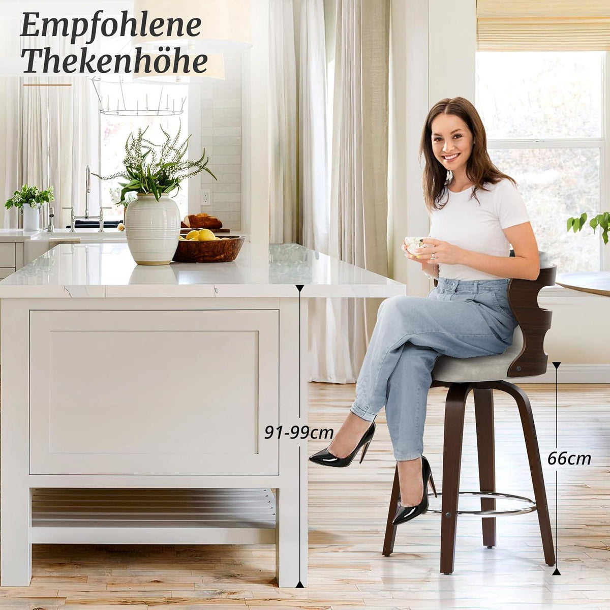 Drehbarer Barhocker mit Lehne & Armlehnen – Beige+Walnuss
