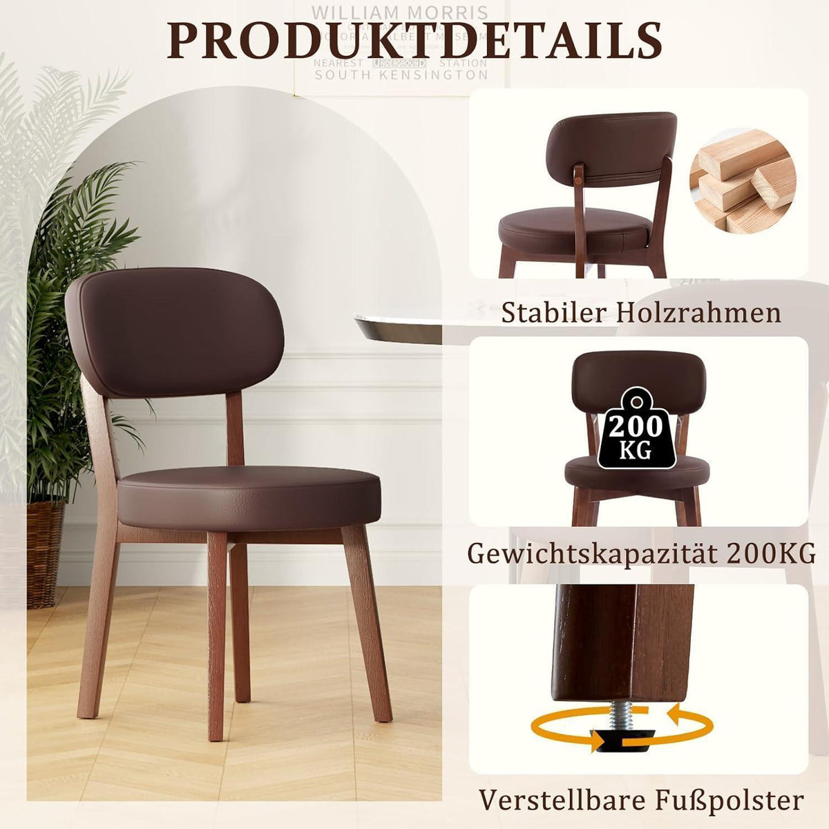 Esszimmerstühle 2er Set, Massivholz, Braun in Lederoptik