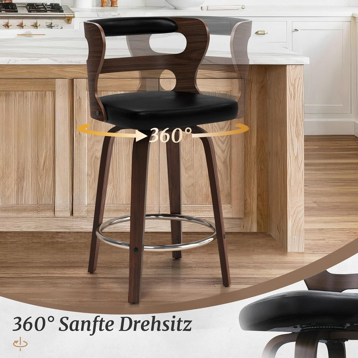 Drehbarer Barhocker mit Lehne & Armlehnen – Schwarz+Walnuss