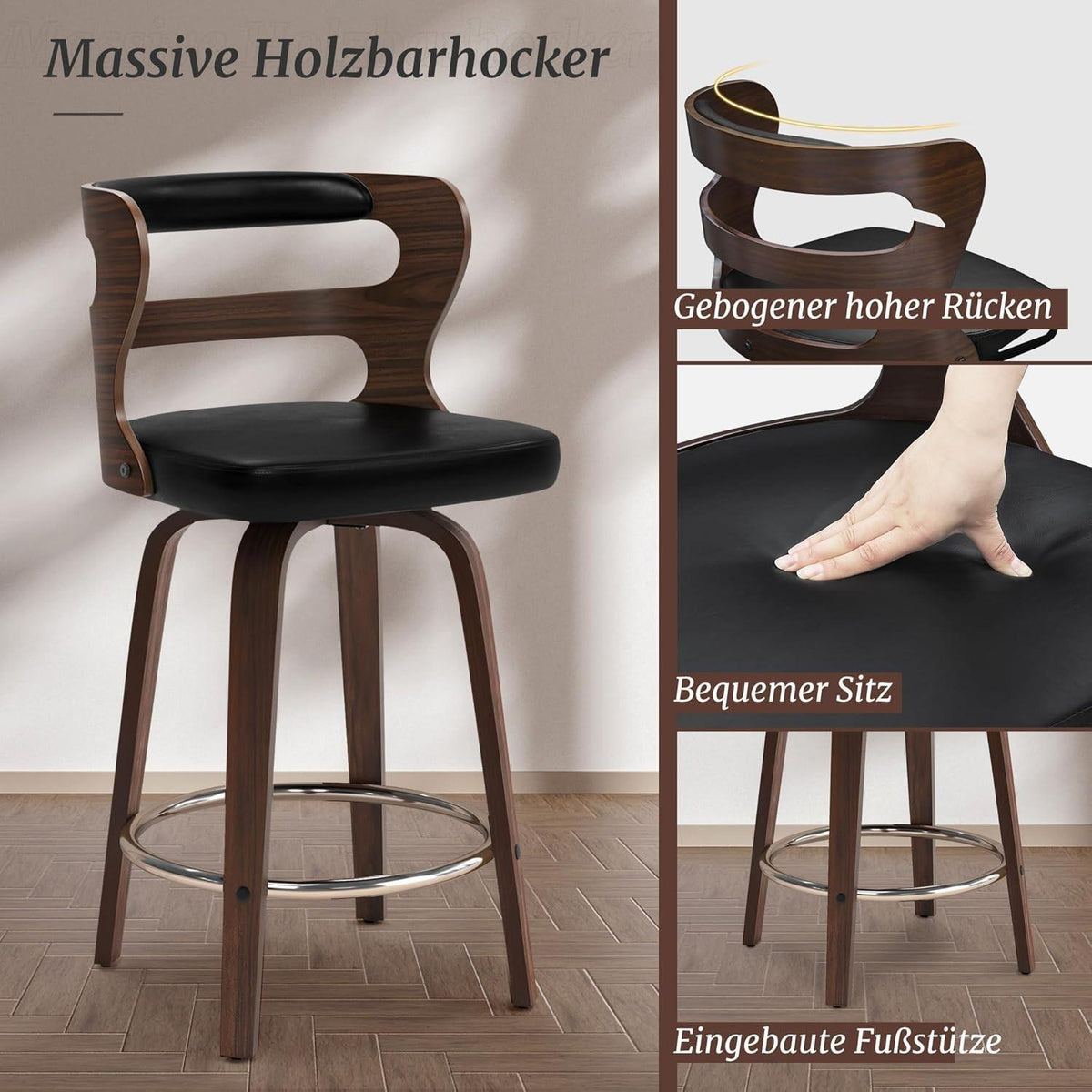 Drehbarer Barhocker mit Lehne & Armlehnen – Schwarz+Walnuss