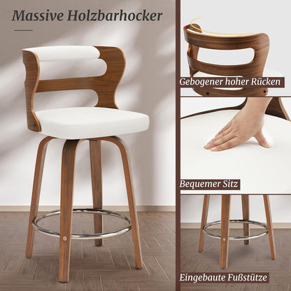 Drehbarer Barhocker mit Lehne & Armlehnen – Weiß+Walnut