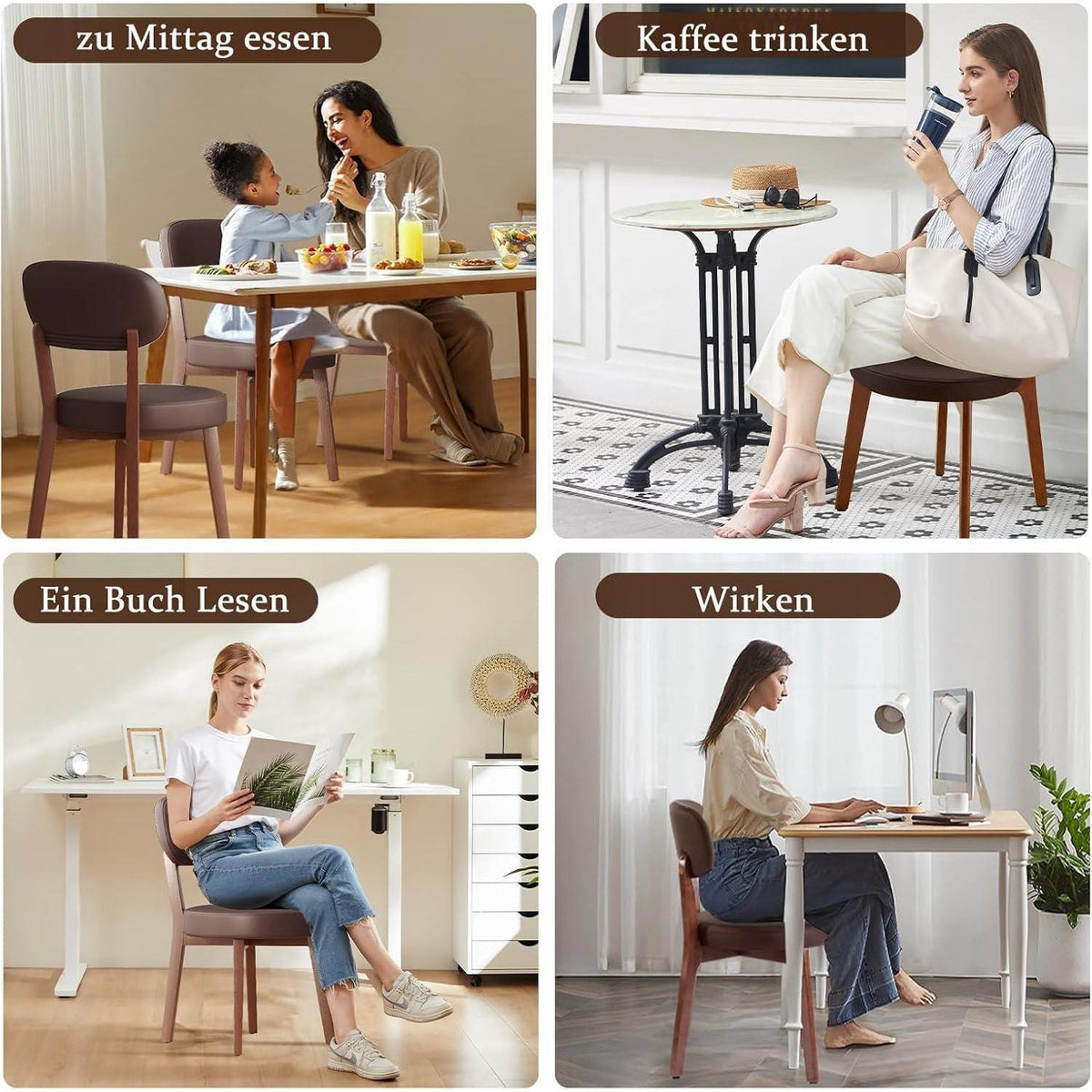 Esszimmerstühle 6er Set, Massivholz Braun in Lederoptik