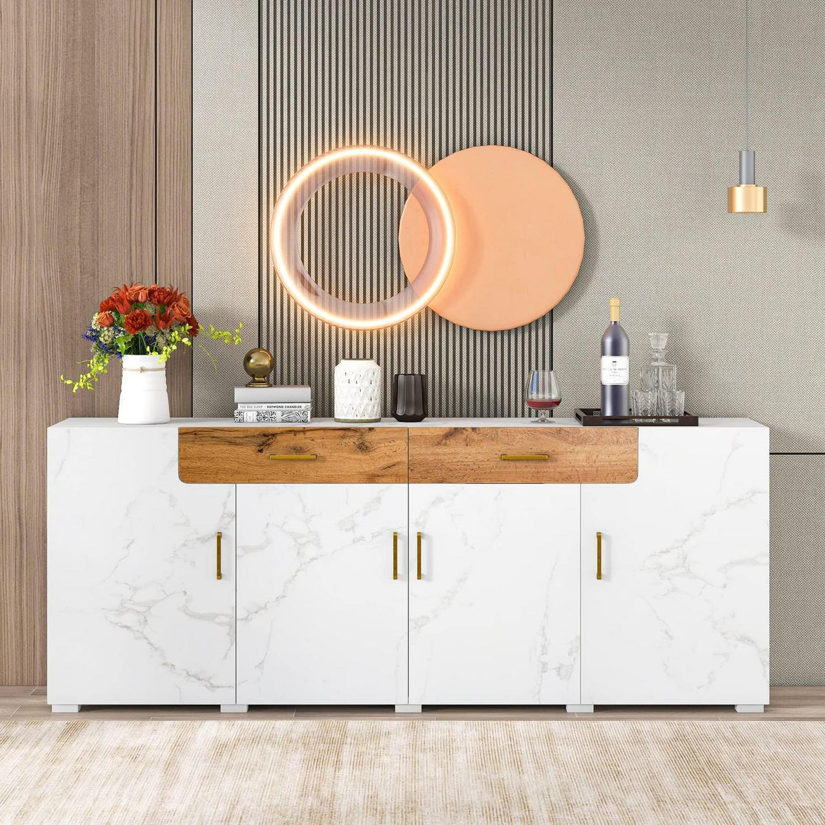 Weißes Sideboard mit Marmoroptik & Eichenholz Schubladen