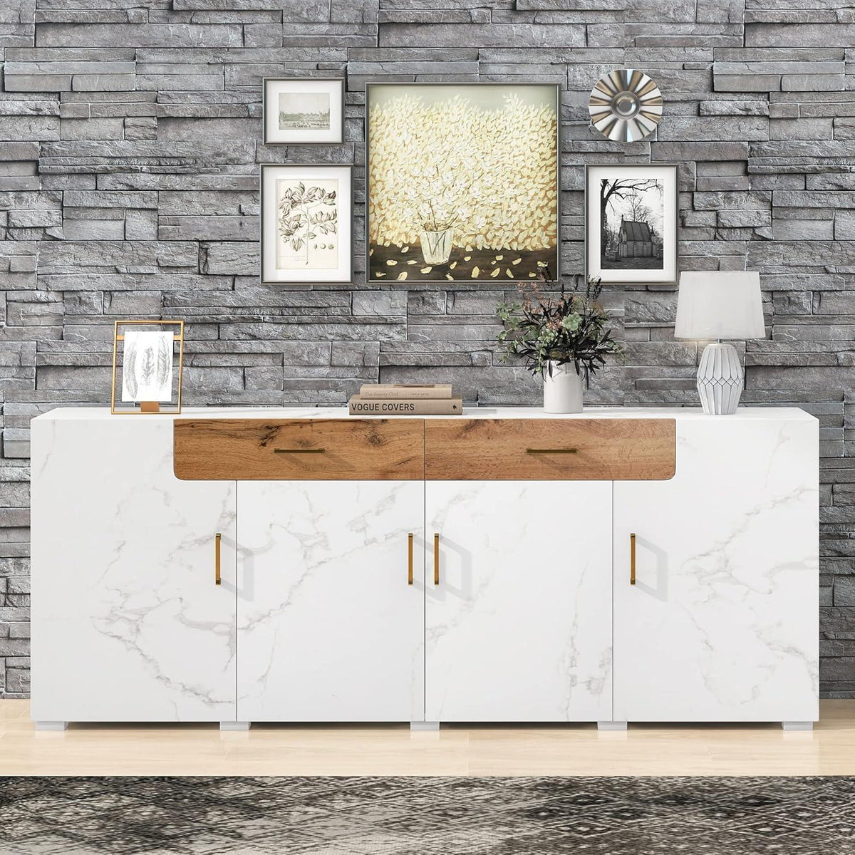 Weißes Sideboard mit Marmoroptik & Eichenholz Schubladen