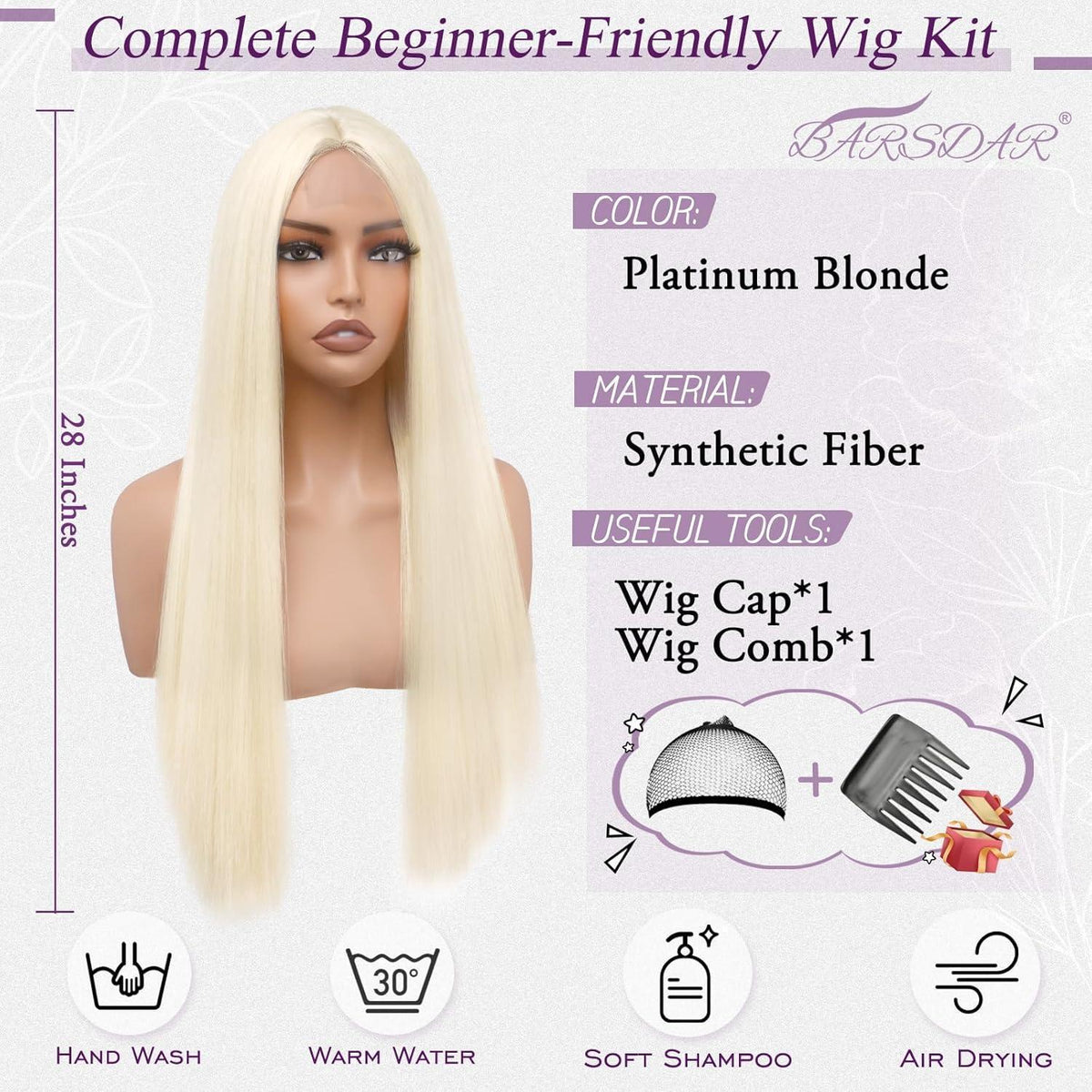 Lange Platinblond Perücke – 71cm Gerade Synthetik Perücke