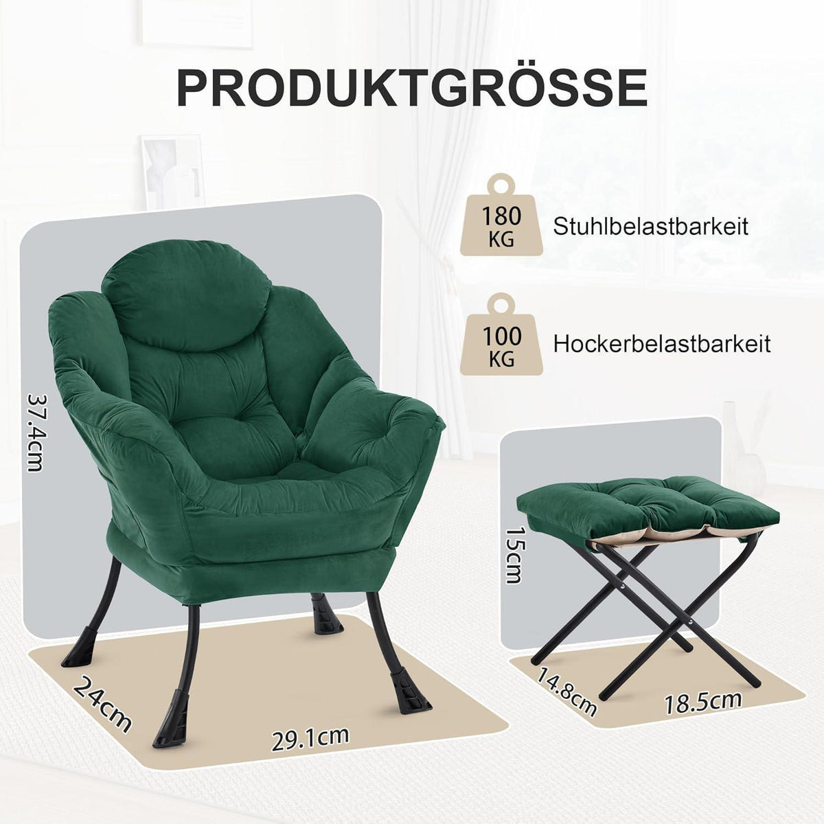 Lazy Chair mit Ottomane – Bequemer Ohrensessel Grün