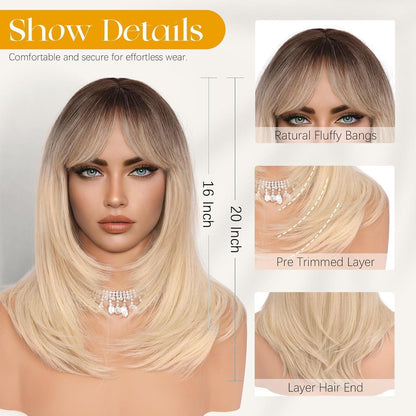 Blond Perücke mit Pony, 40cm, Glatt & Schichtig