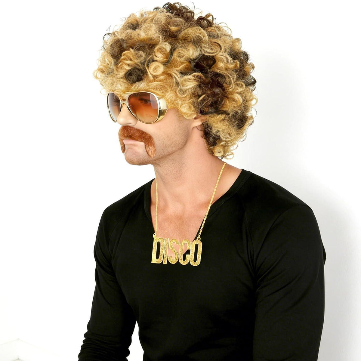 70er Jahre Herren Perücke Set mit Bart, Brille & Kette