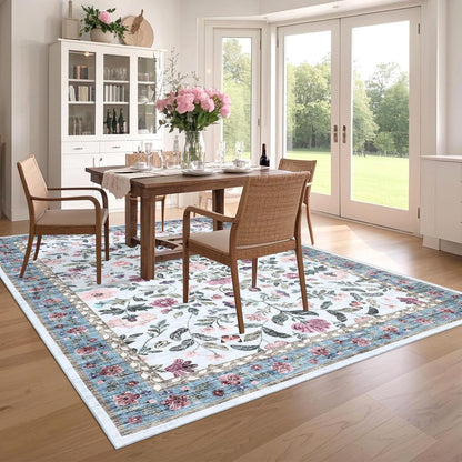 Waschbarer Teppich hellblau 120x170 cm – Rutschfest & Blumenmuster