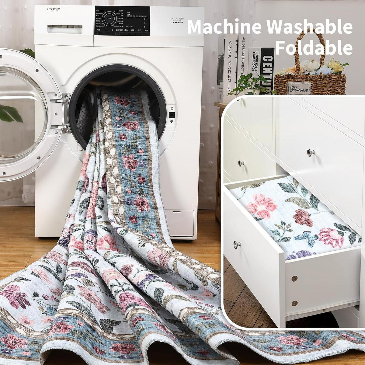 Waschbarer Teppich hellblau 120x170 cm – Rutschfest & Blumenmuster