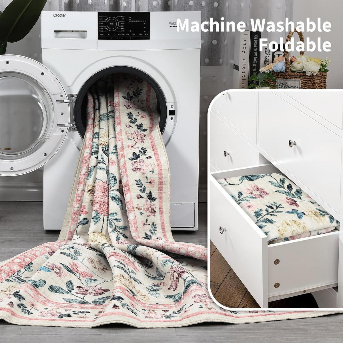 Waschbarer Teppich Rosa 120x170 cm – Rutschfest, Blumenmuster