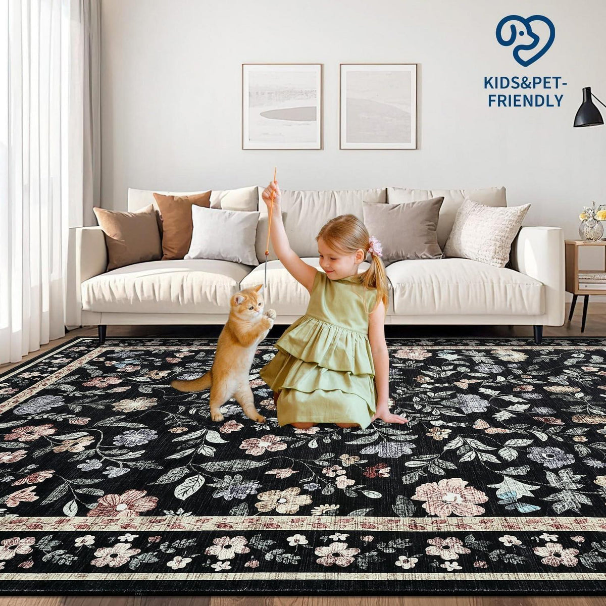Waschbarer Teppich Schwarz 120x170 cm – Rutschfest & Blumenmuster