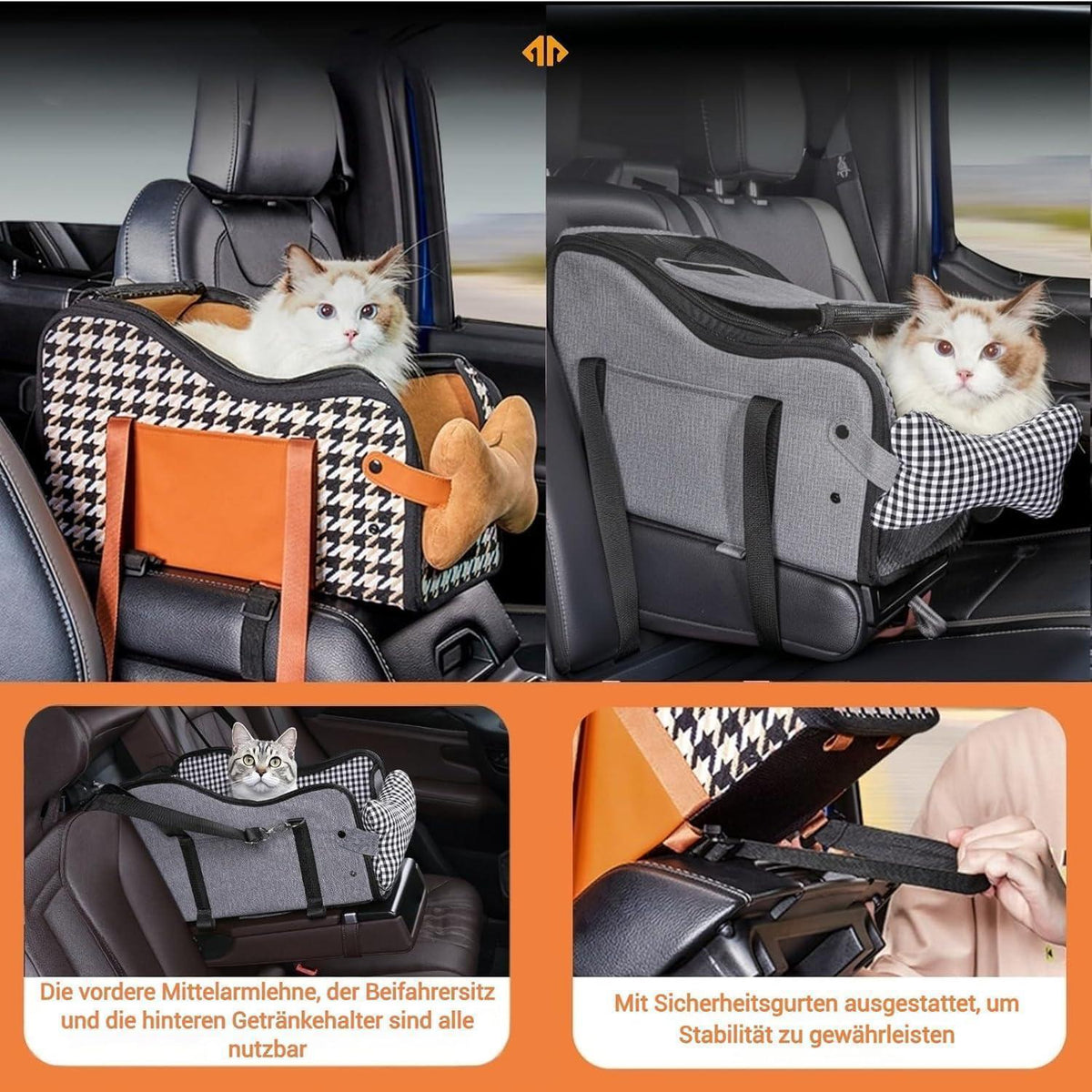 Hundeautositz Mittelkonsole für kleine Hunde (kariert, grau)