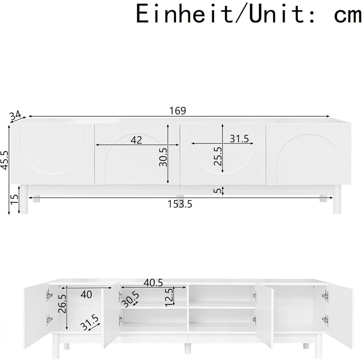 TV Lowboard mit Wellenförmigen Türen – Weiß, 169cm