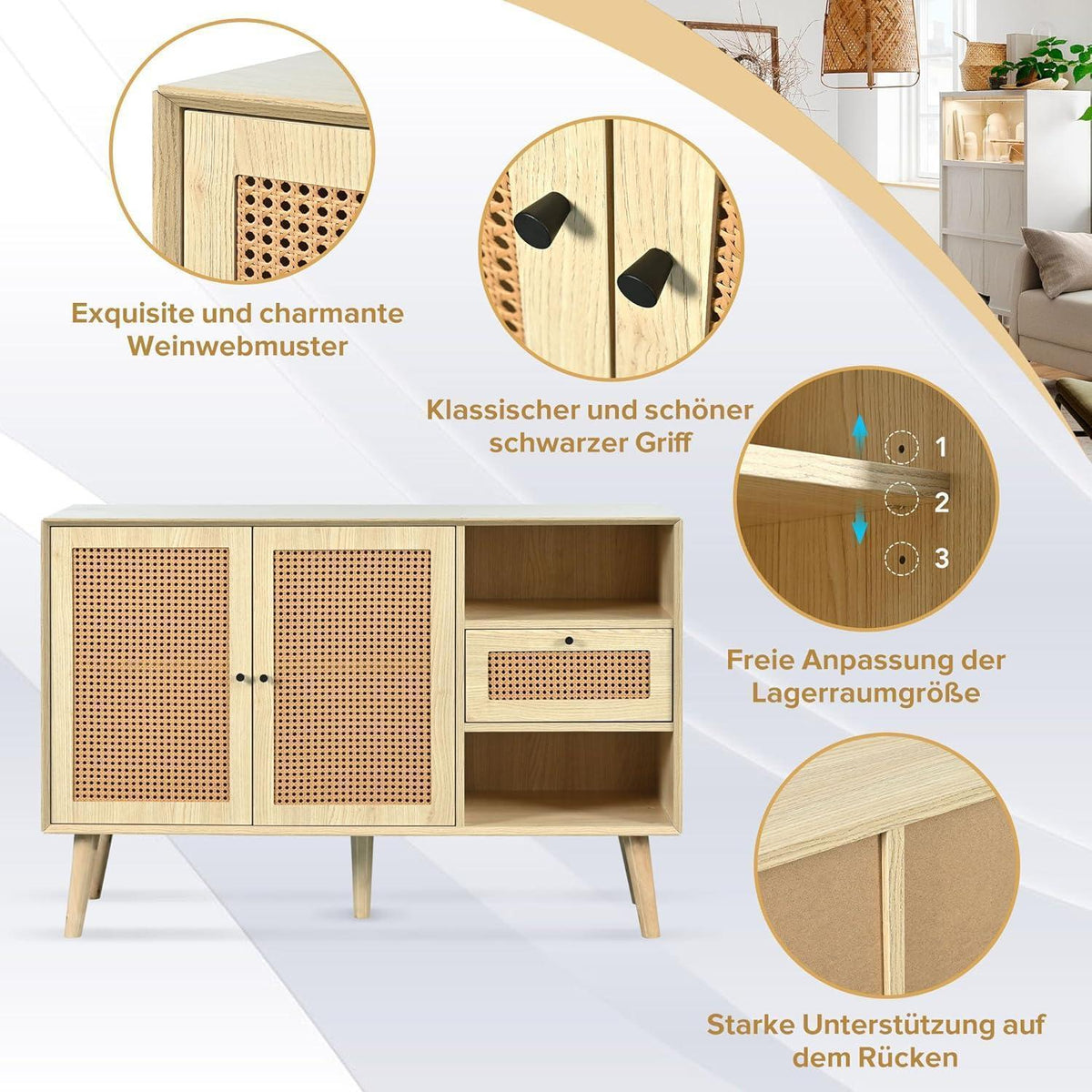 Rattan Sideboard mit Schublade & verstellbaren Regalen (120x40x80cm)