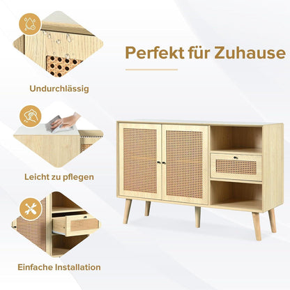 Rattan Sideboard mit Schublade & verstellbaren Regalen (120x40x80cm)