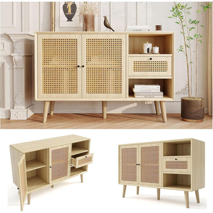 Rattan Sideboard mit Schublade & verstellbaren Regalen (120x40x80cm)
