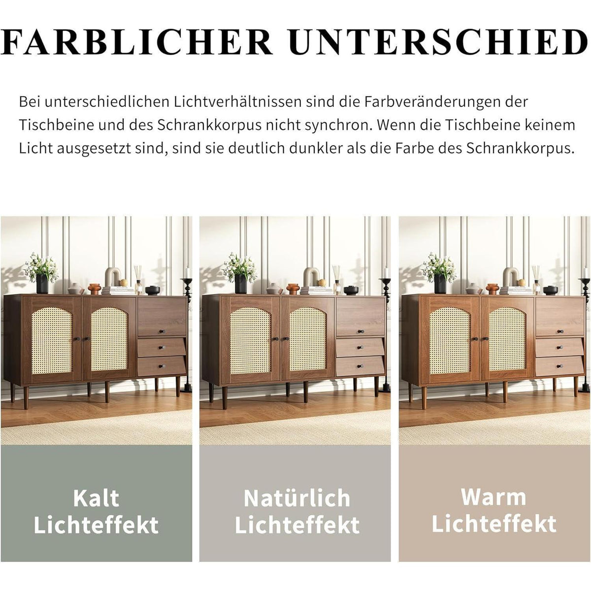 Rattan Sideboard mit 3 Schubladen & 2 Türen – Boho Schrank 130x40x75,5cm