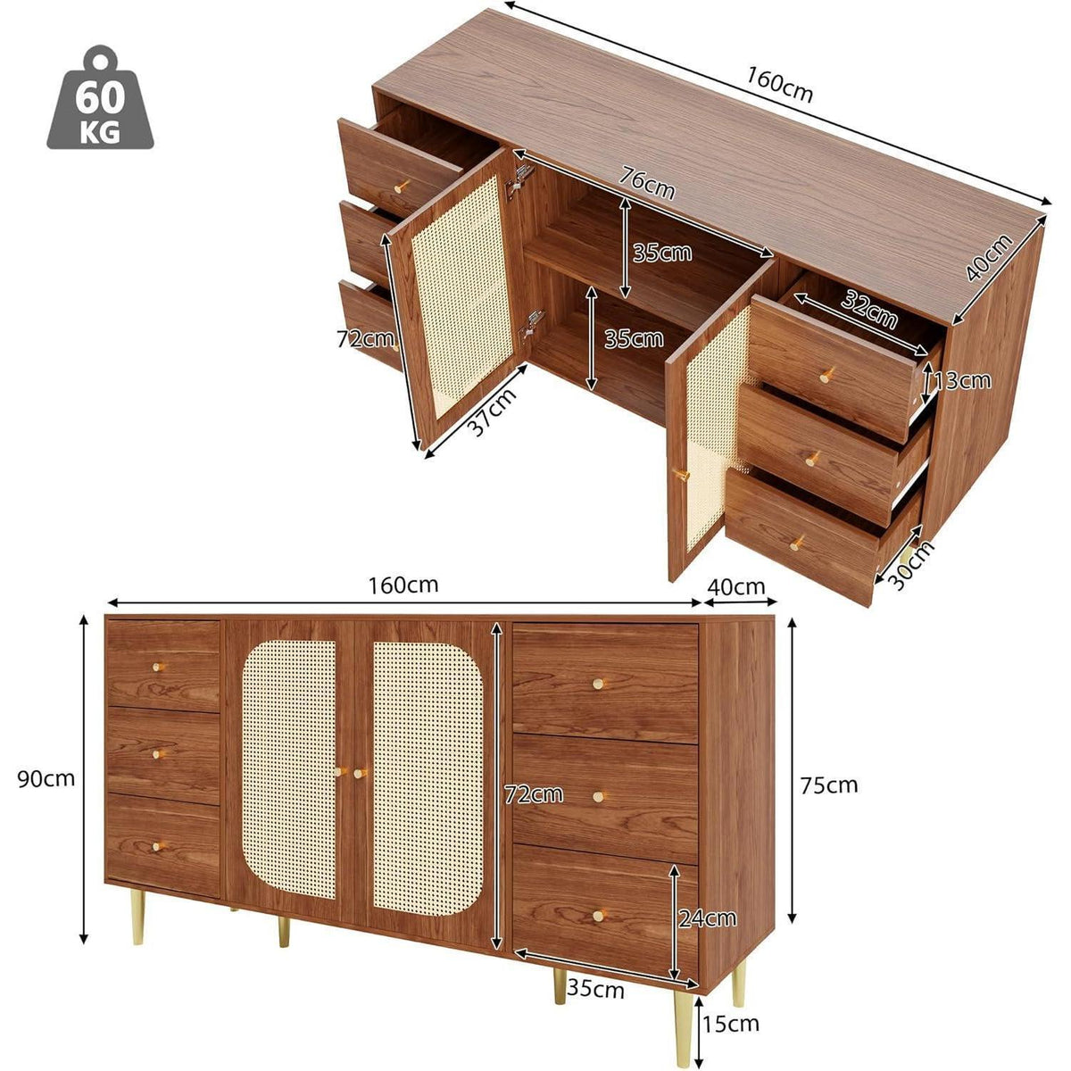 Sideboard Rattan & Holz | Kommode mit 6 Schubladen & 2 Türen (160x40x90cm)
