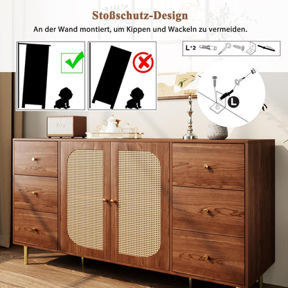 Sideboard Rattan & Holz | Kommode mit 6 Schubladen & 2 Türen (160x40x90cm)