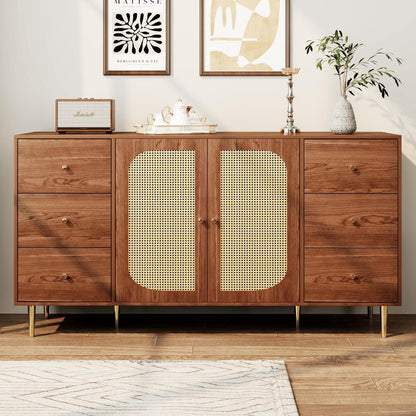 Sideboard Rattan & Holz | Kommode mit 6 Schubladen & 2 Türen (160x40x90cm)