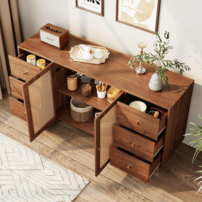 Sideboard Rattan & Holz | Kommode mit 6 Schubladen & 2 Türen (160x40x90cm)