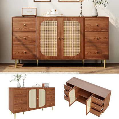 Sideboard Rattan & Holz | Kommode mit 6 Schubladen & 2 Türen (160x40x90cm)