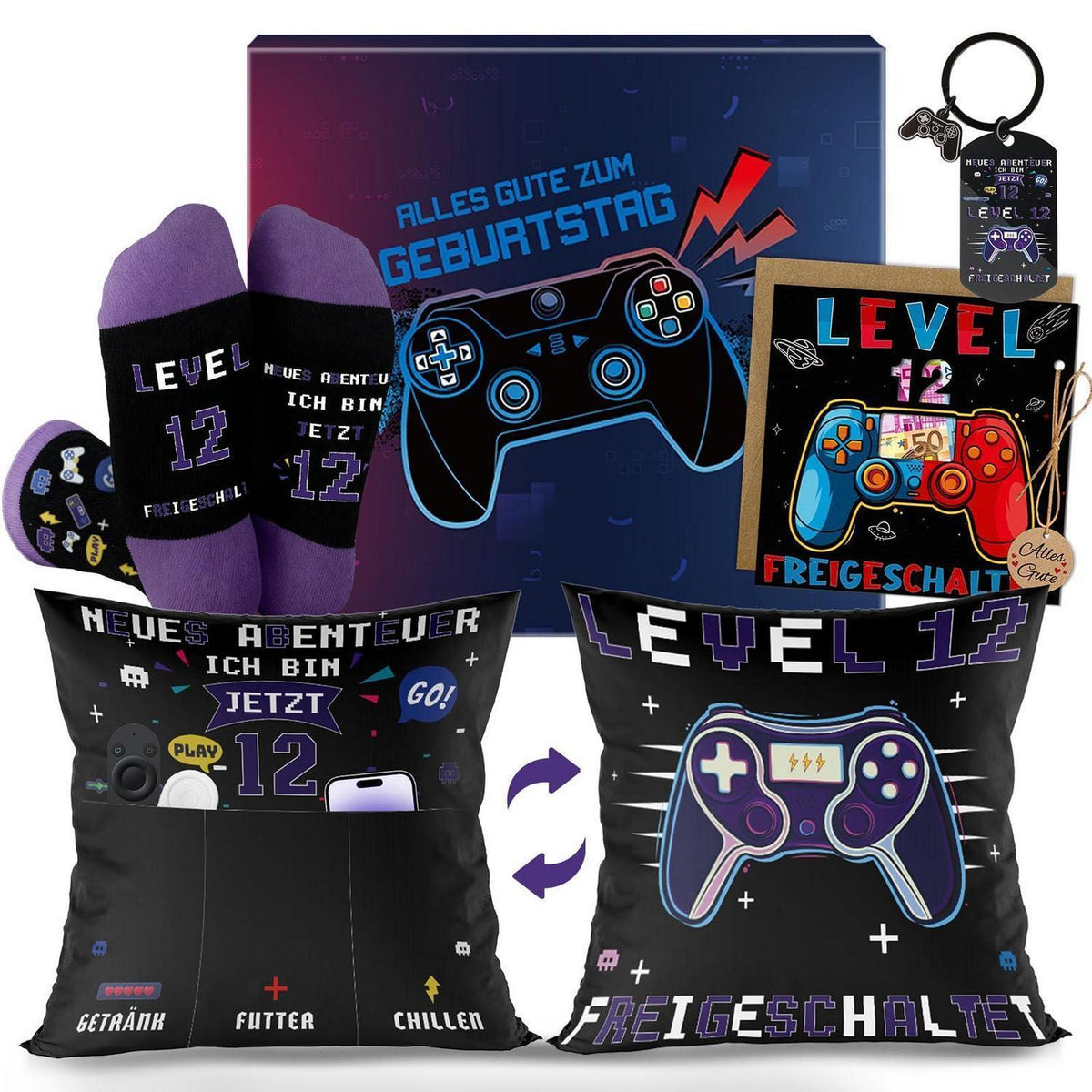Gamer Geschenk 12. Geburtstag – Kissen, Socken & Geldkarte