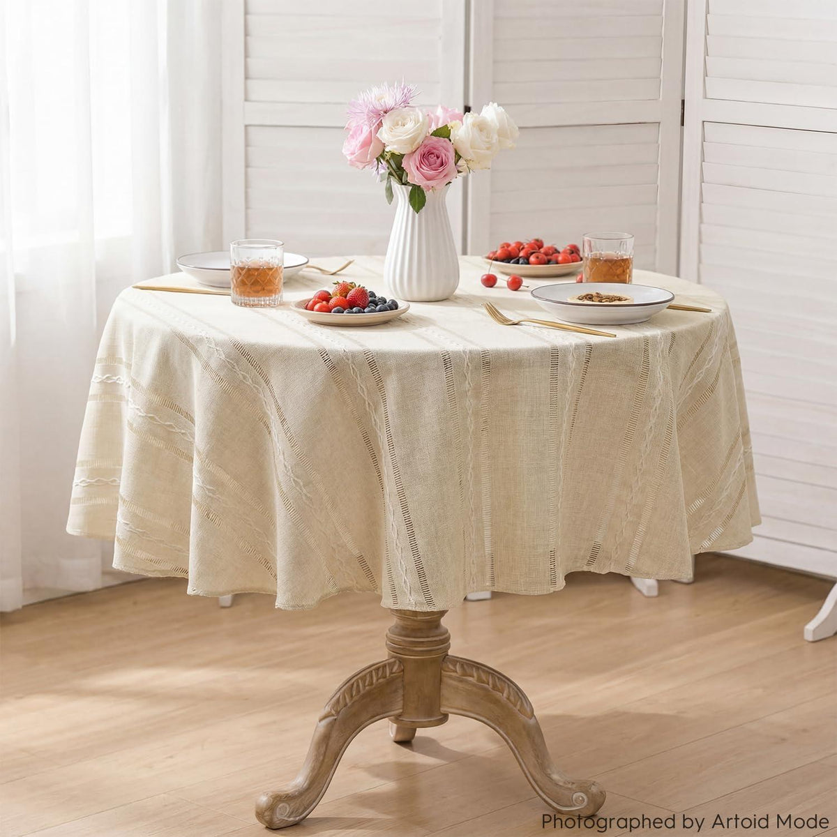 Boho Tischdecke Baumwolle Beige Rund 140 cm – Landhausstil