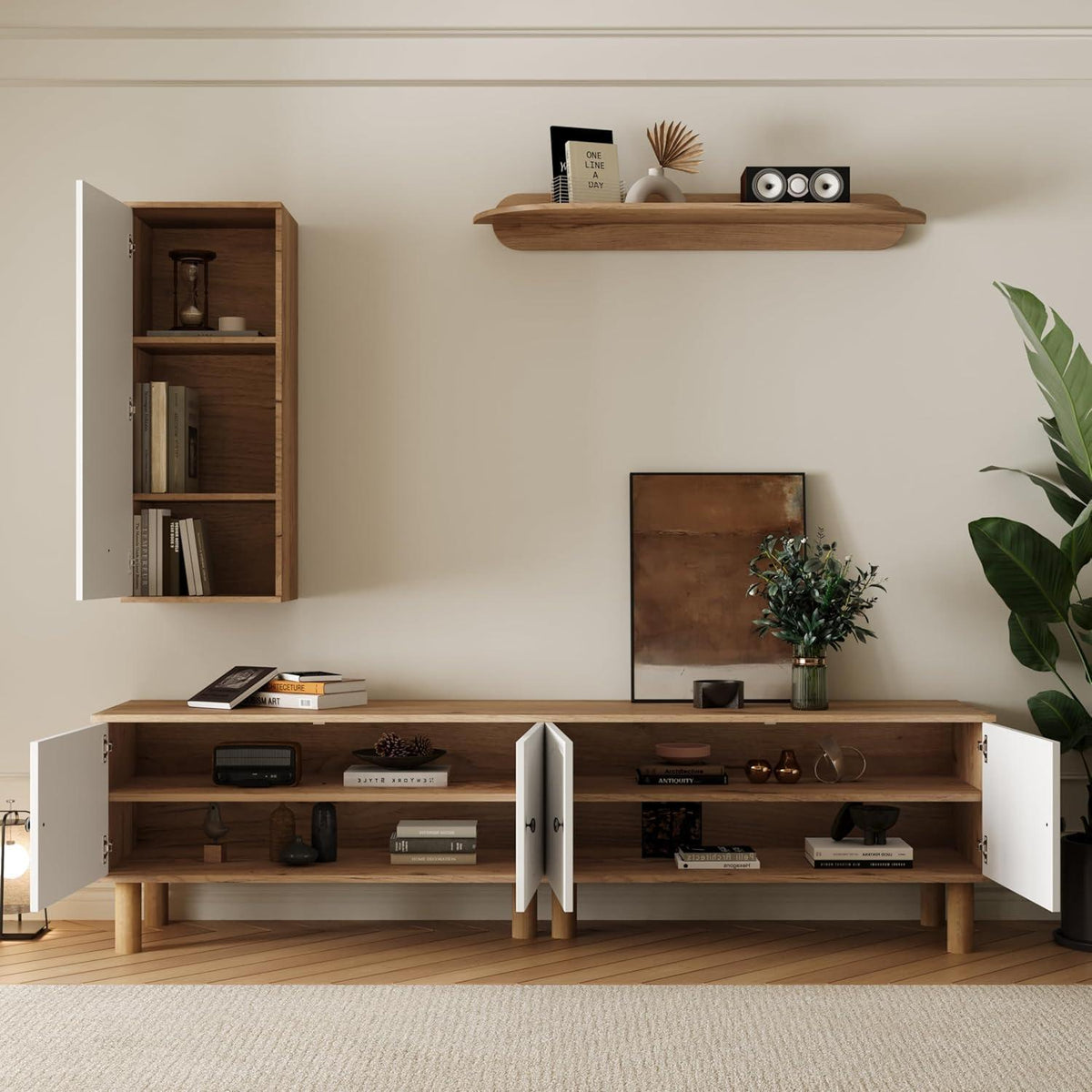 TV Lowboard Wohnzimmer 3-tlg. Weiß & Natur | Kombi Design