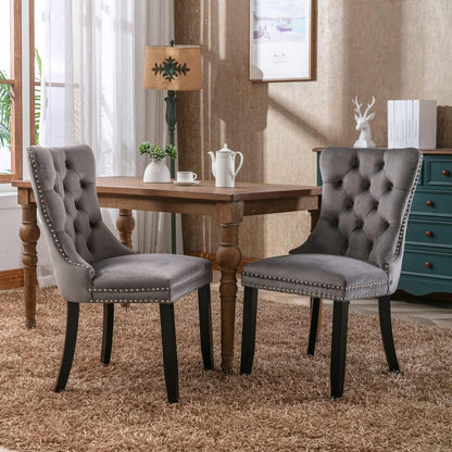 Esszimmerstühle 2er Set Grau, Samt & Holz, Tufted Design