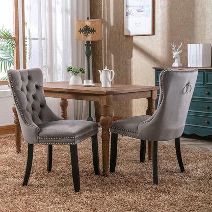 Esszimmerstühle 2er Set Grau, Samt & Holz, Tufted Design