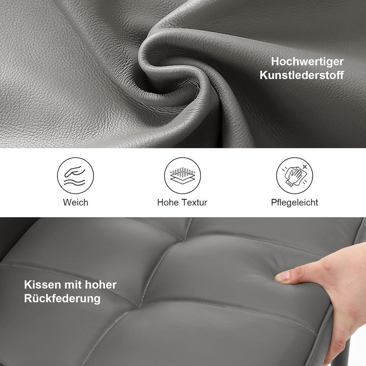 Esszimmerstühle Set 6x Grau, Bequem & Stabil in Lederoptik