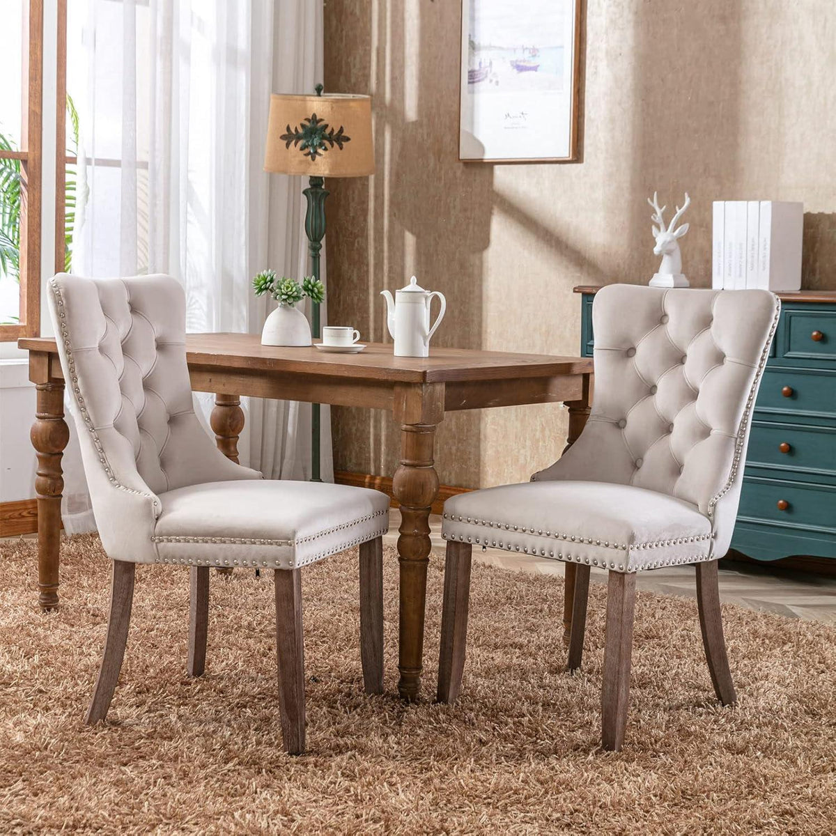 Esszimmerstühle 2er Set, Samt, Beige mit Holzbeinen
