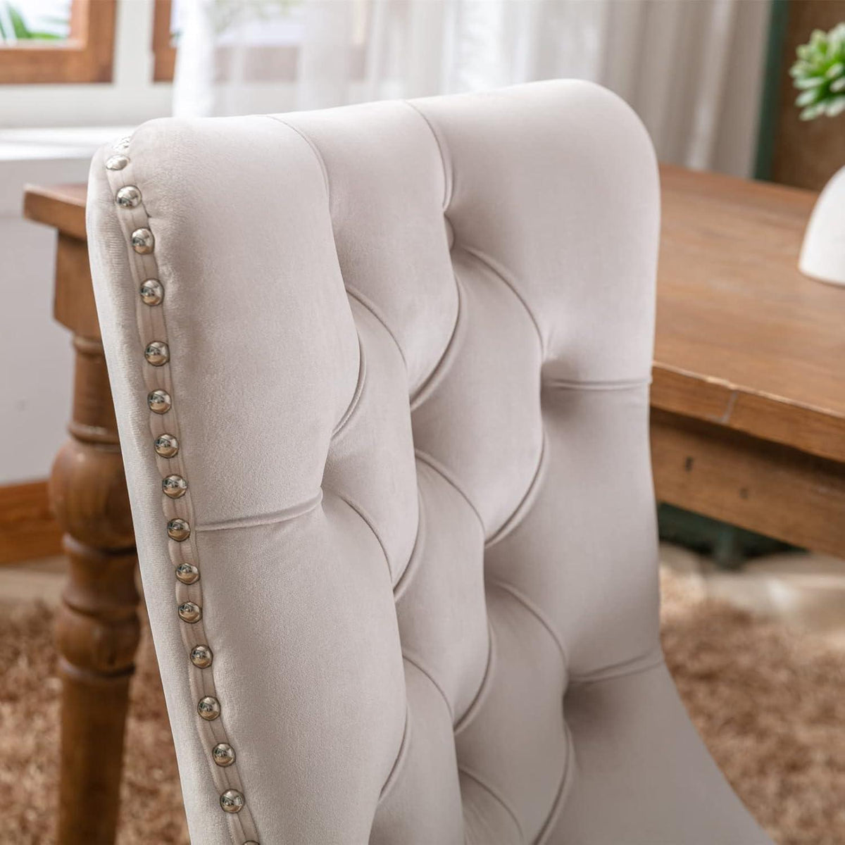 Esszimmerstühle 2er Set, Samt, Beige mit Holzbeinen