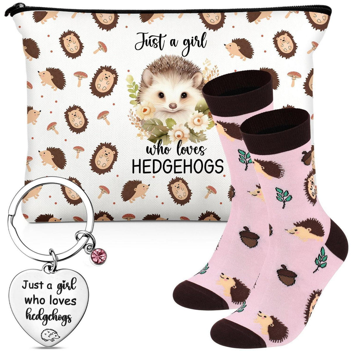 Igel Geschenkset für Tierliebhaber: Kosmetiktasche, Schlüsselanhänger & Socken