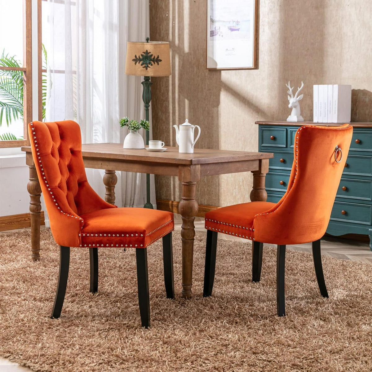 Esszimmerstühle 2er Set, Samt & Holz, Orange