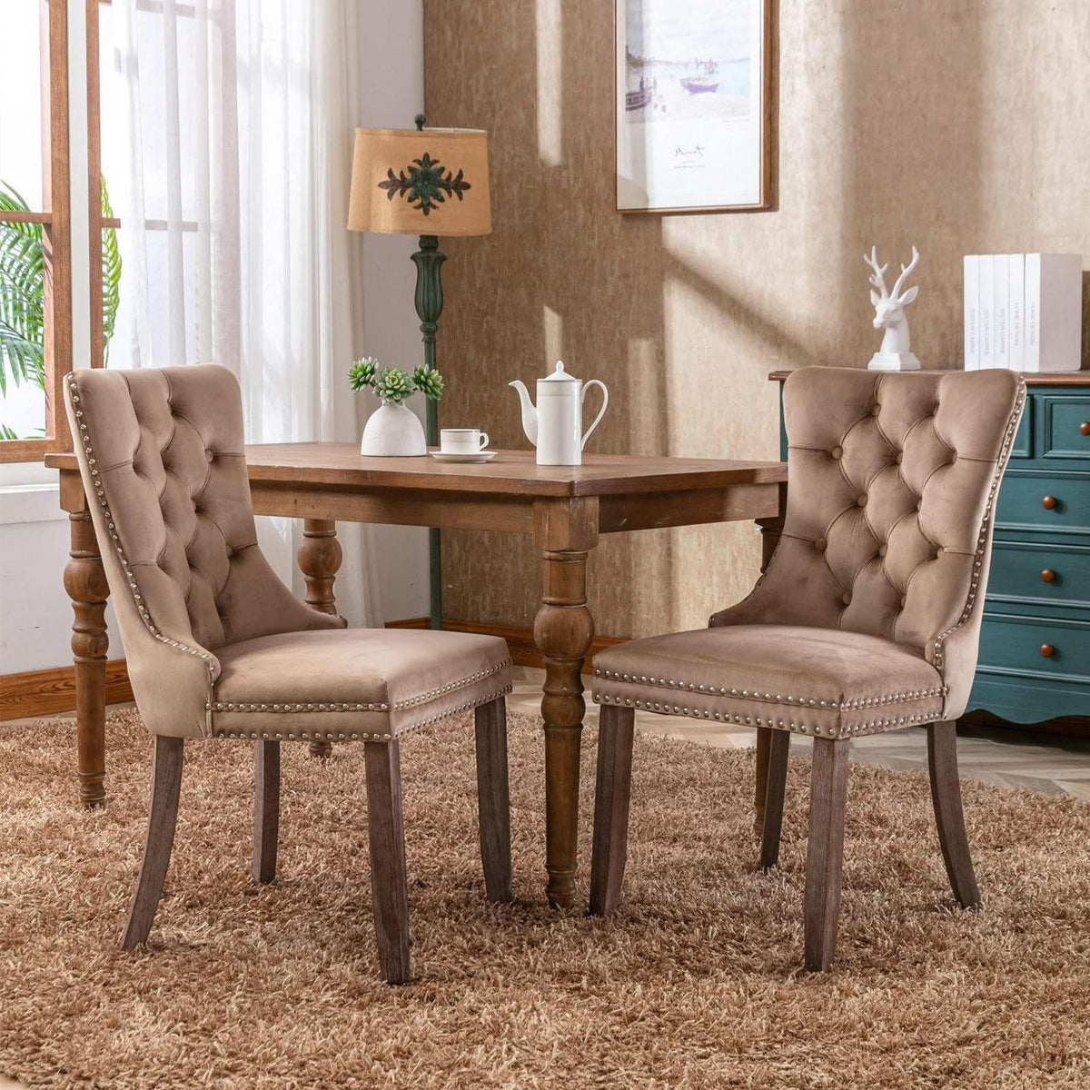 Esszimmerstühle 2er Set, Samt & Holz, Khaki