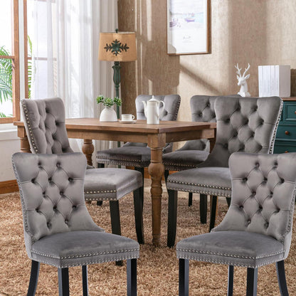 Esszimmerstühle 6er Set Grau, Samt & Holz, Tufted Design