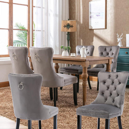 Esszimmerstühle 6er Set Grau, Samt & Holz, Tufted Design